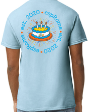 Load image into Gallery viewer, Light blue t-shirt with a birthday cake graphic and text on the back